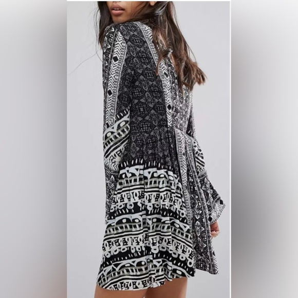 Free People Tegan Border Printed Mini Dress Pockets Black White Combo Boho - Picture 6 of 16